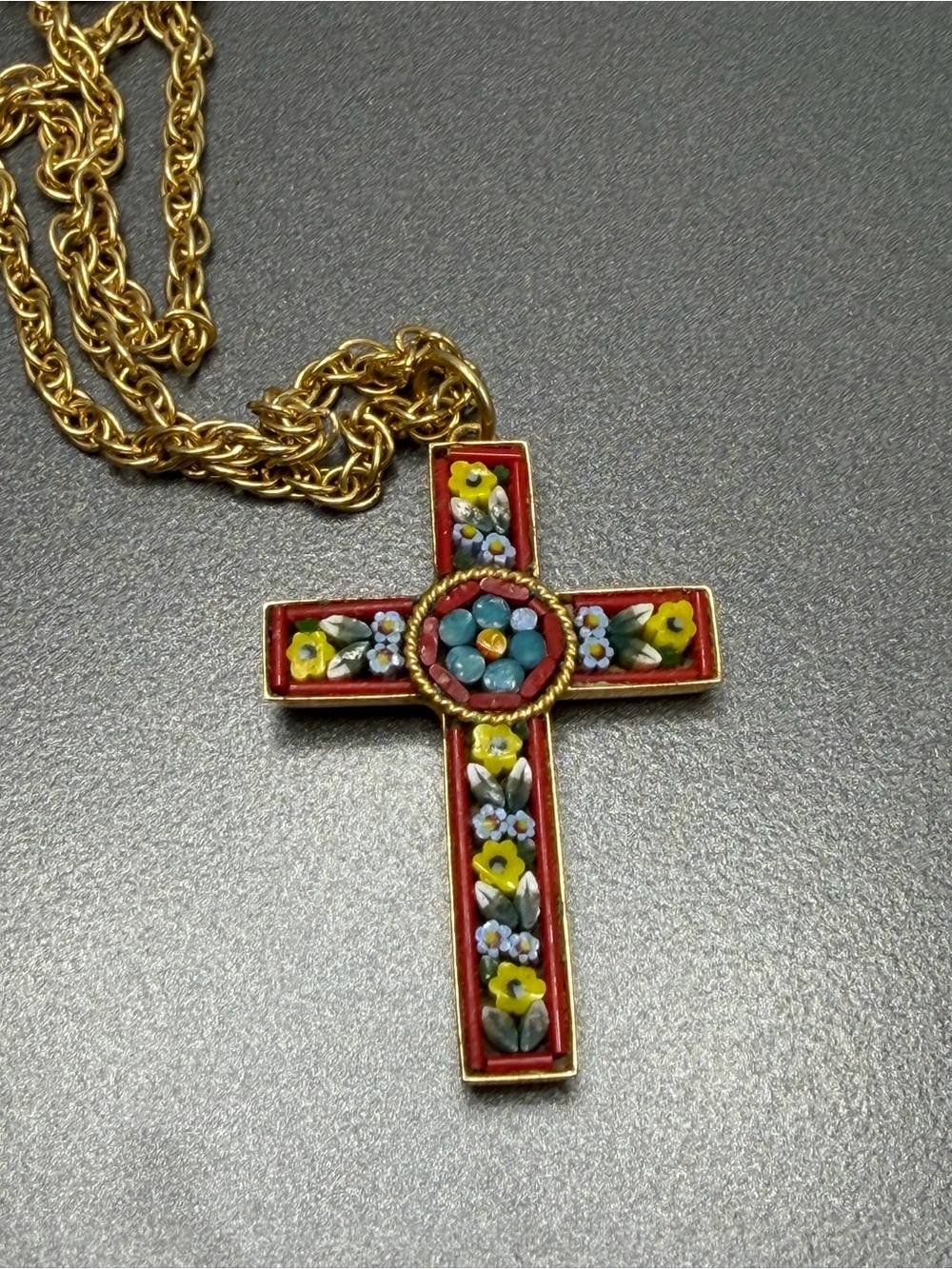 🙈2/$40 Vintage Red Micro Mosaic Floral Cross Pendant Necklace #41mo